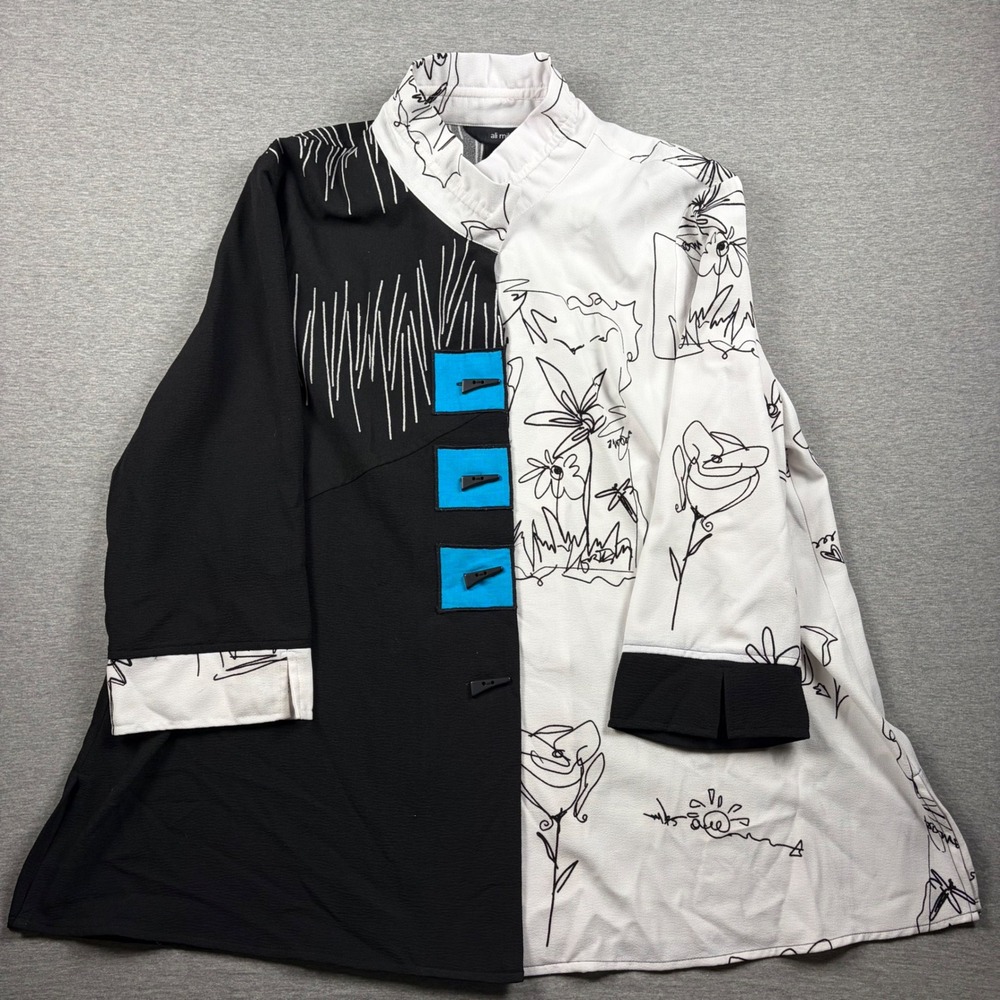 Ali Miles Button Up Blouse XL Black White Art To Wear Floral Abstract Tunic